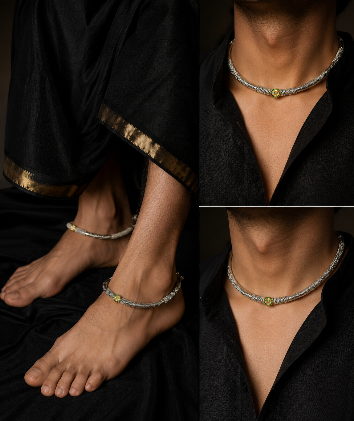 Kundan Hasli Neckring with Kada Anklet Combo | Ethnic German Silver Jewelry