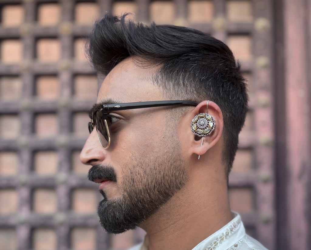 Oxidised German Silver Beaded Ear Cuff for Men & Women | Ethnic Jewelry