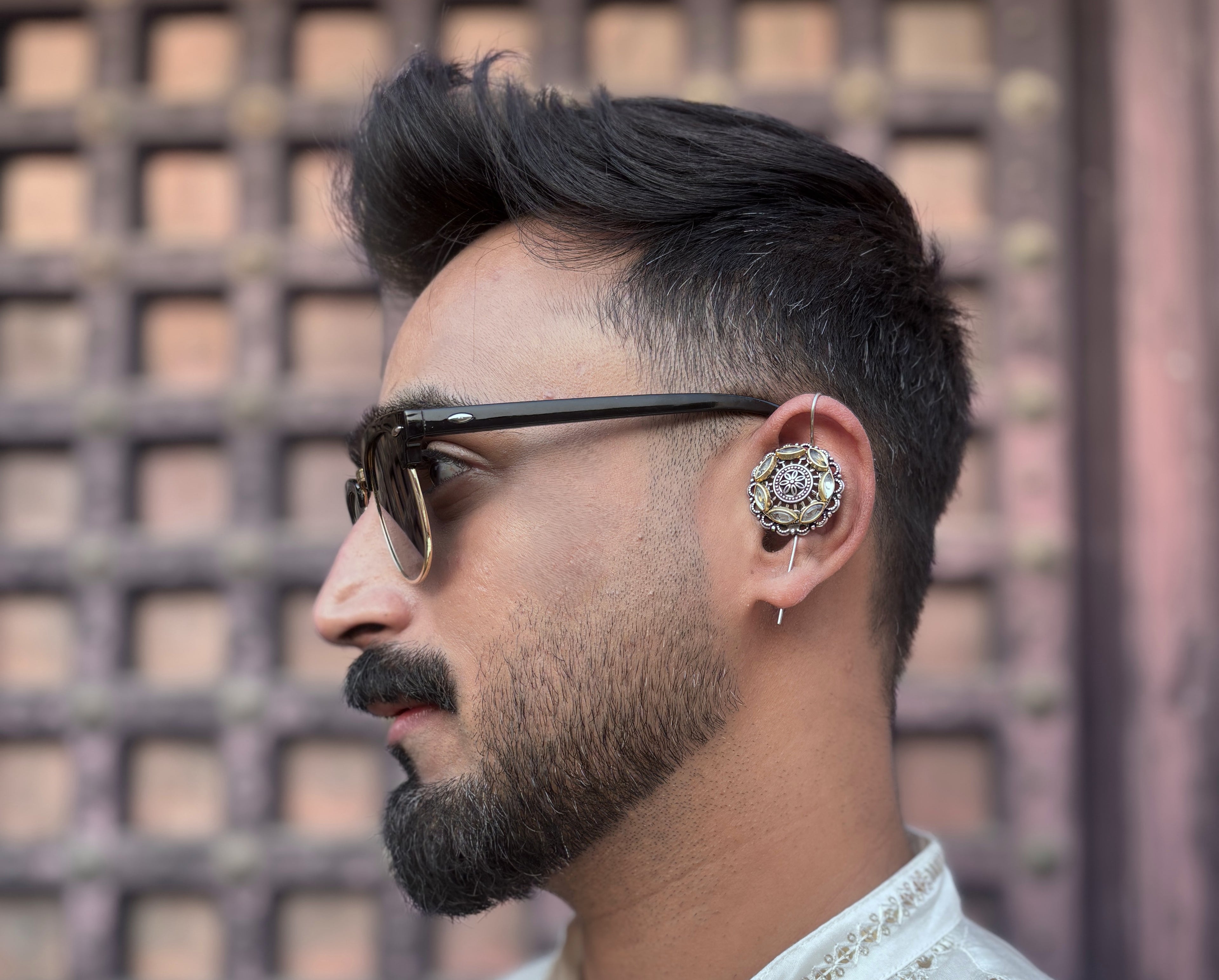 Handcrafted Oxidised Silver Men’s Earcuff with Kundan Detailing | Statement Ear Jewelry for Men