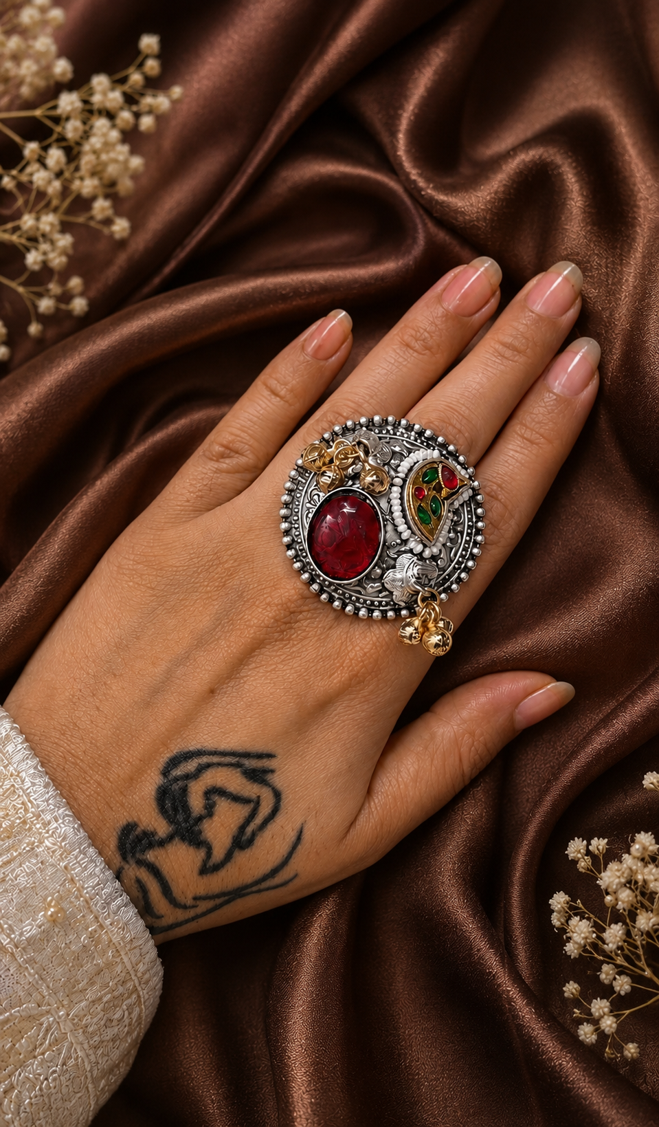 Meenakari Oxidised Silver Statement Ring for Women