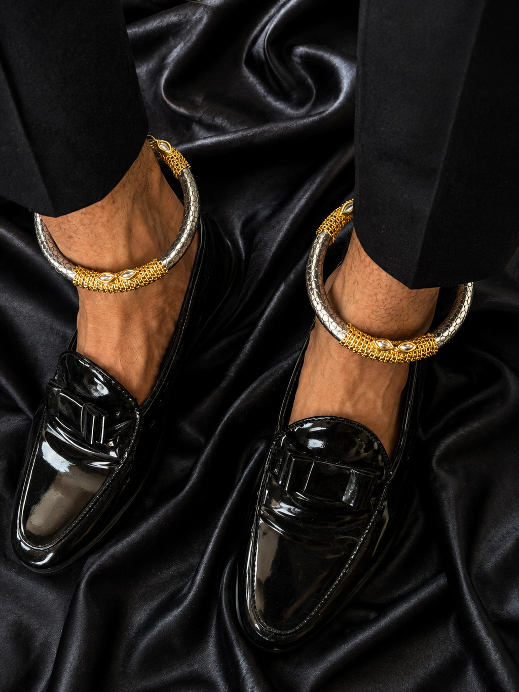 Men's Dual-Tone Kada Anklet | Adjustable Silver & Gold Tribal Anklet for men