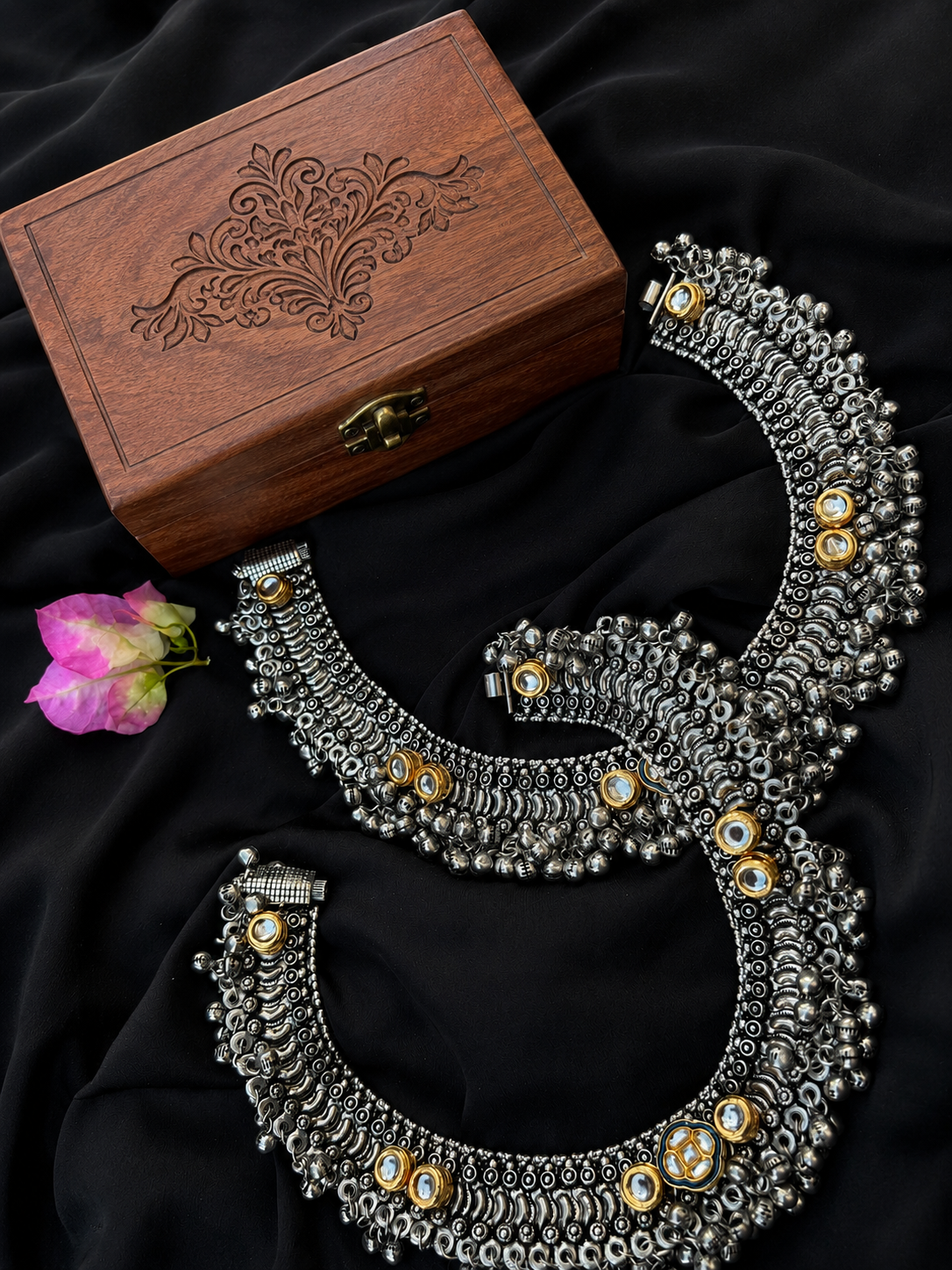 Kundan Oxidised Payal for Women | Traditional Silver Anklet
