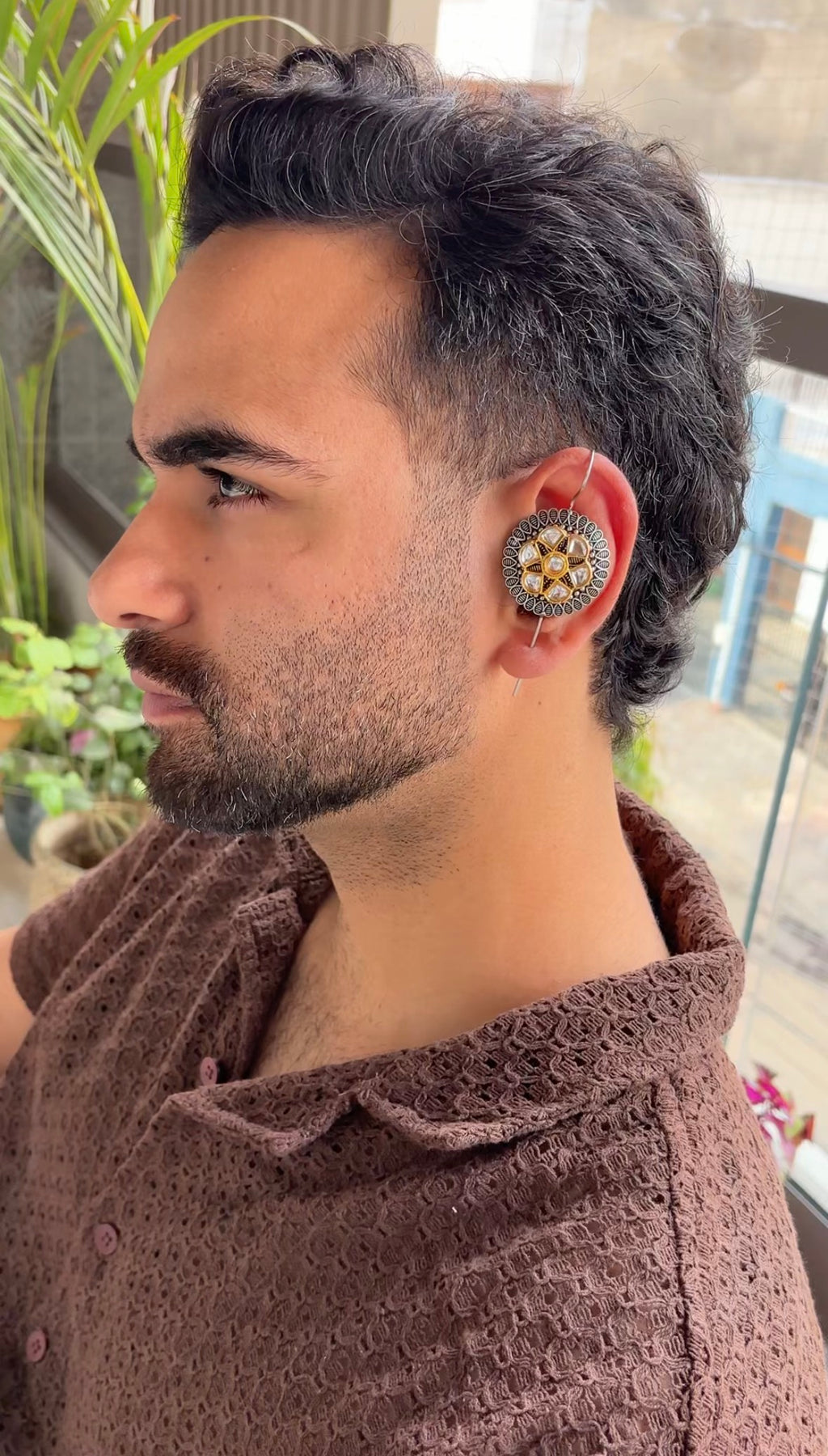 Men's Oxidized Silver Kundan Ear Cuff | Adjustable Statement Ear Wrap | No Piercing Ear Accessory – Karatique