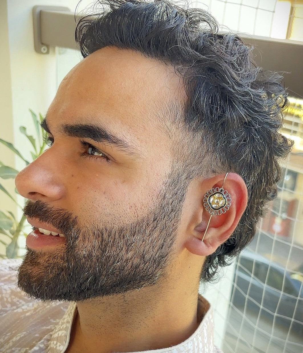 Handcrafted Oxidised Silver Men’s Earcuff with Kundan Detailing | Statement Ear Jewelry for Men