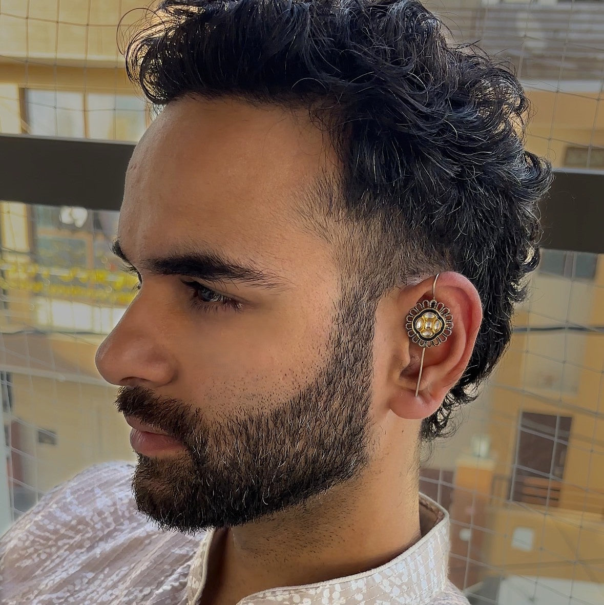 Handcrafted Oxidised Silver Men’s Earcuff with Kundan Detailing | Statement Ear Jewelry for Men