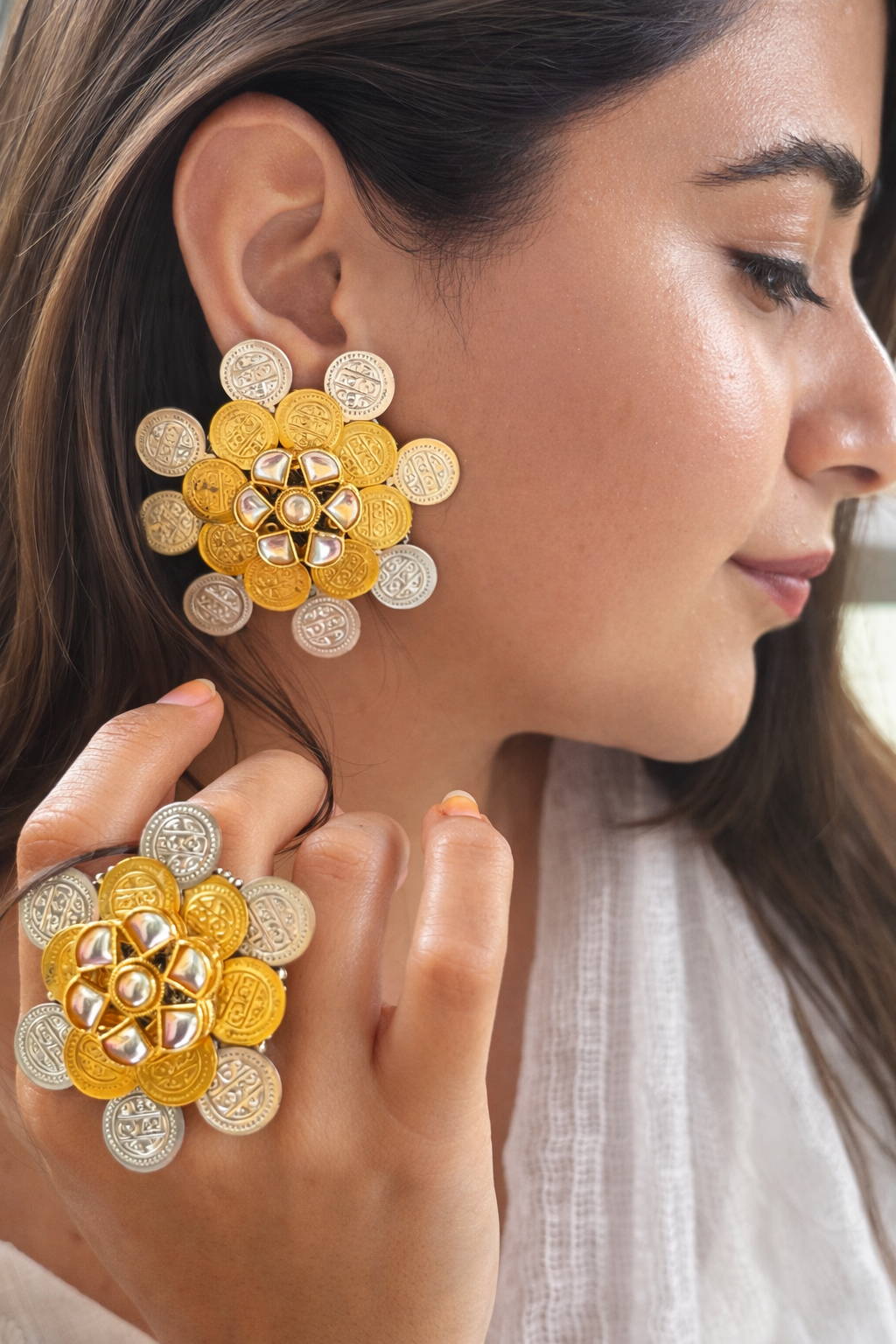 Dual Tone Silver and Golden Plated Coin Oversized Stud Floral Kundan Earring and Ring Combo for Women