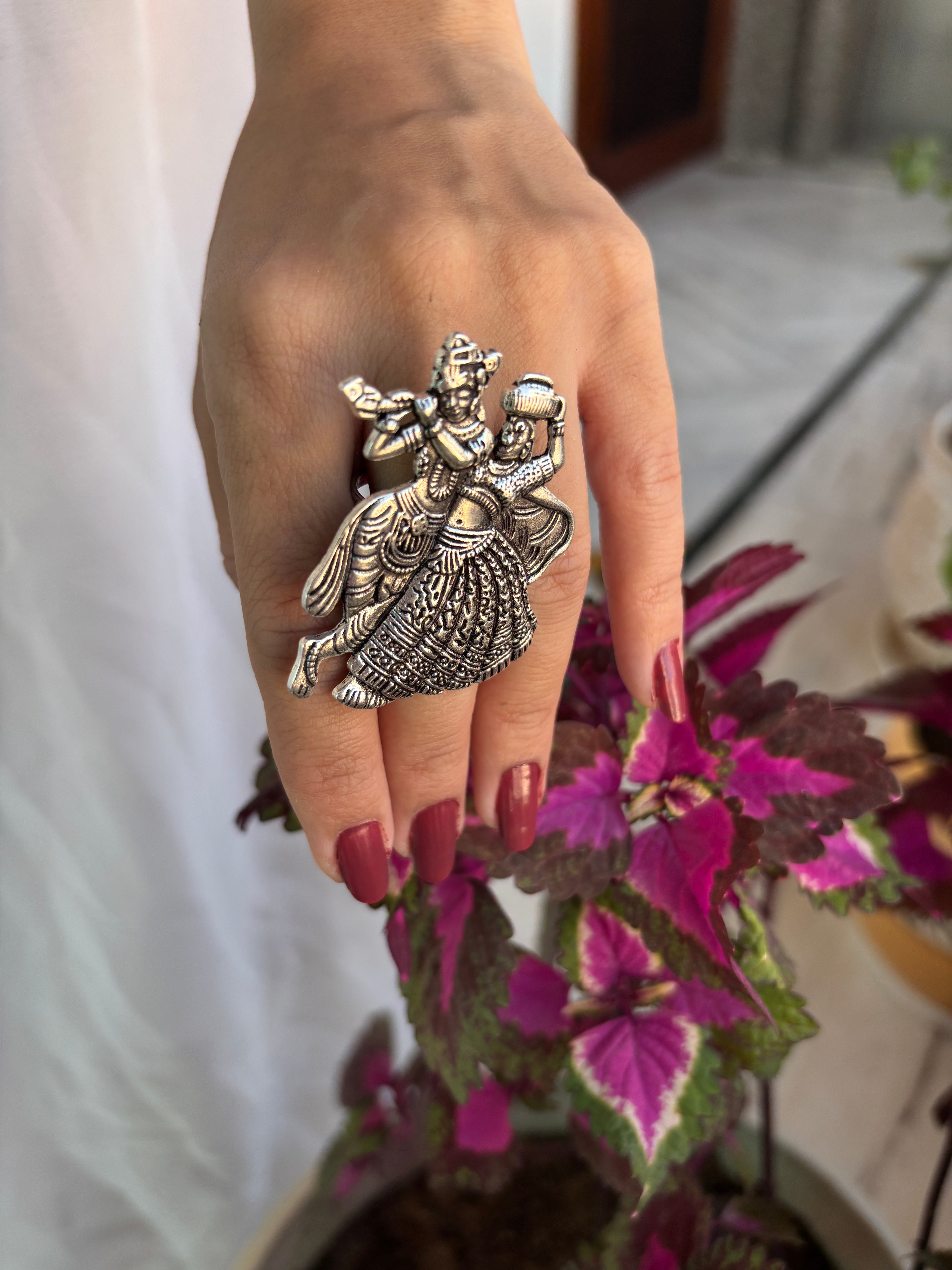 Oxidised  Silver Radha Krishna Rings for Women and Girls German Silver Indian Rings Adjustable finger ring for Men and Women
