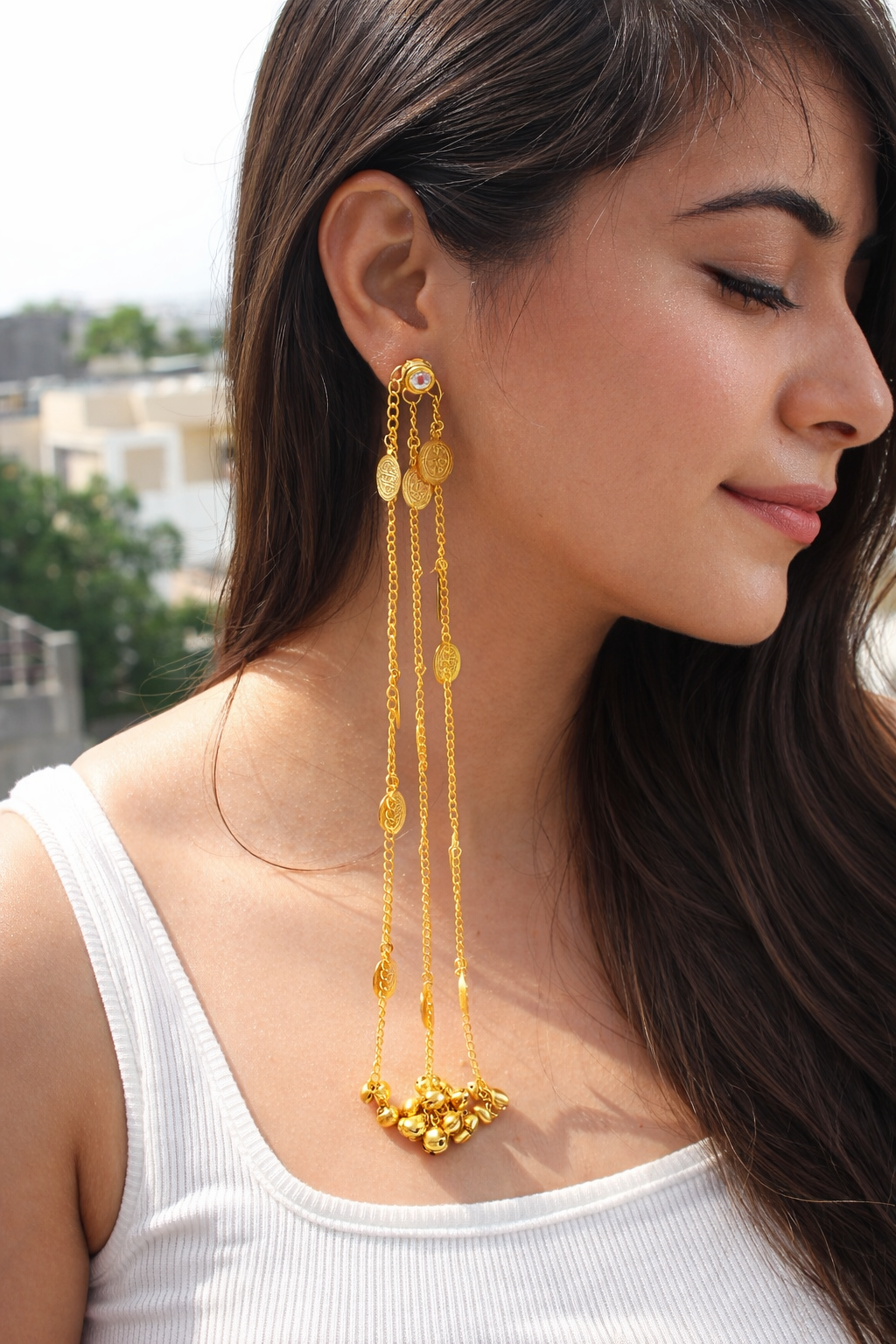 Gold Plated Traditional Brass Kundan Stud Earring with Chain