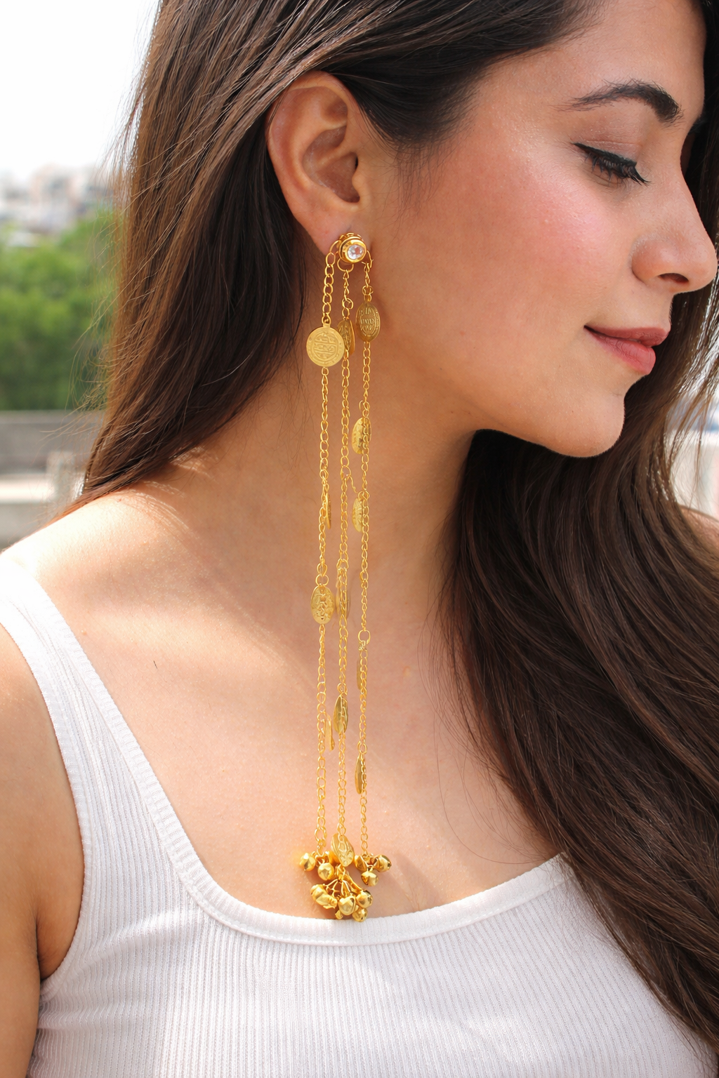 Gold Plated Traditional Brass Kundan Stud Earring with Chain