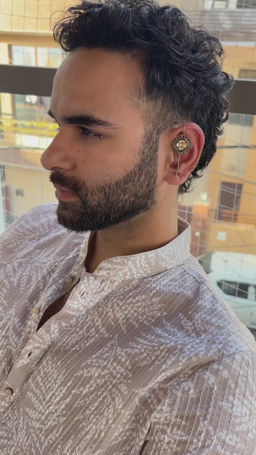 Handcrafted Oxidised Silver Men’s Earcuff with Kundan Detailing | Statement Ear Jewelry for Men
