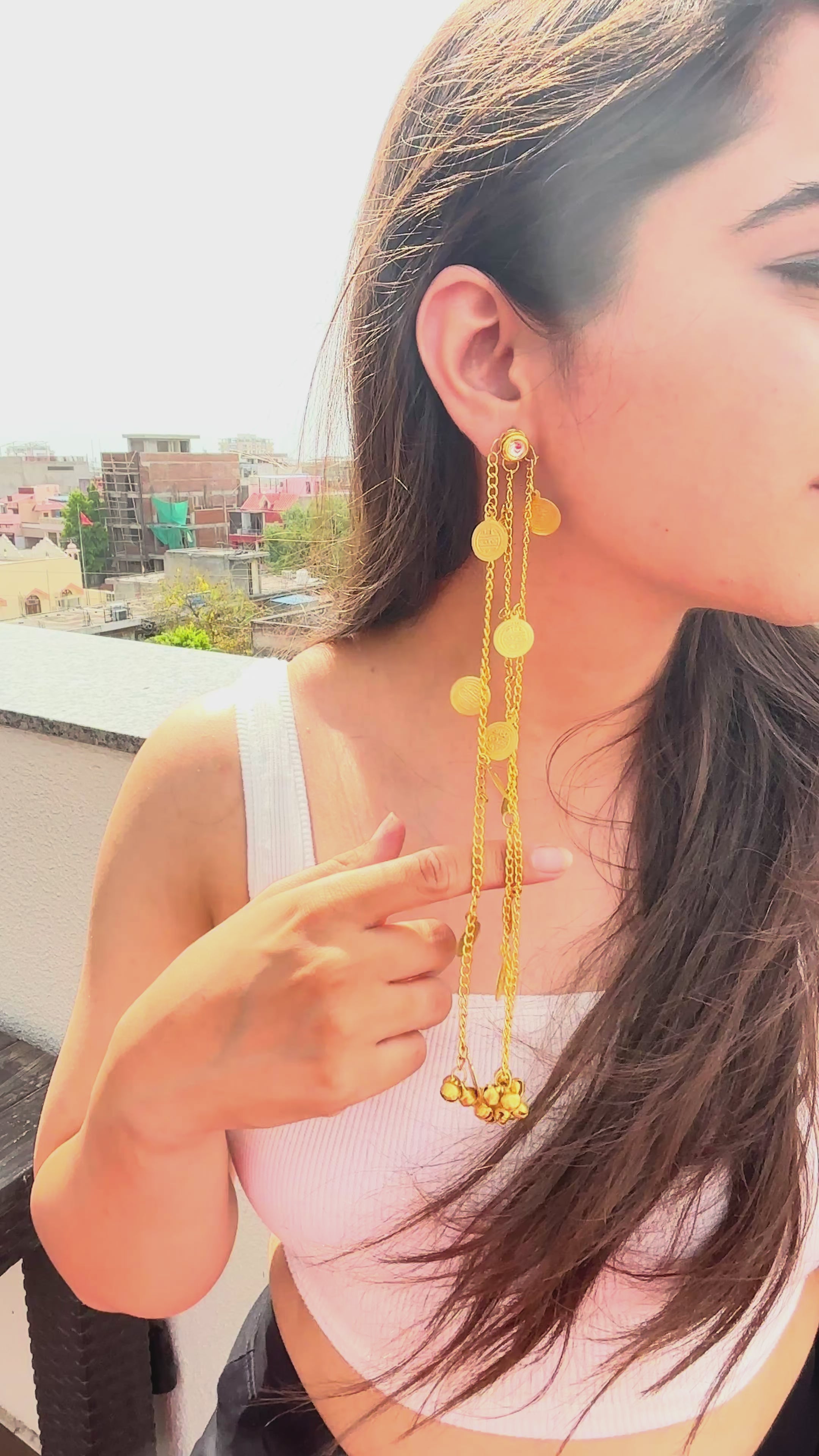 Gold Plated Traditional Brass Kundan Stud Earring with Chain