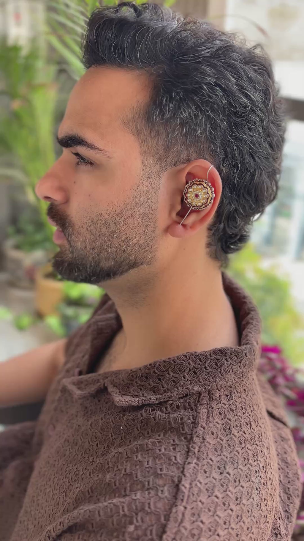 Handcrafted Oxidised German Silver Men’s Earcuff with Kundan Detailing | Statement Ear Jewelry for Men