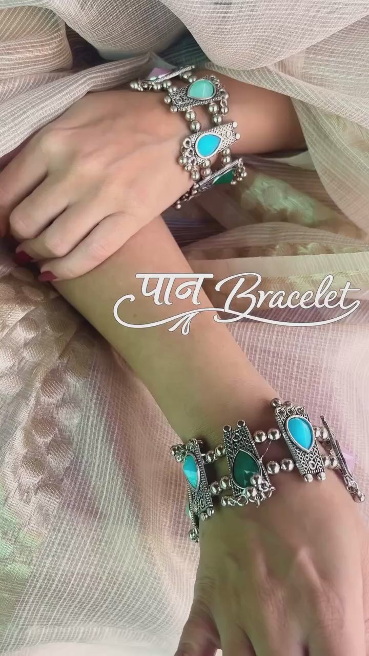 Openable Antique Silver Bangles | Adjustable Tribal Bangles with Color Stones | Boho Ethnic Bracelets | Handmade Jewelry by Karatique