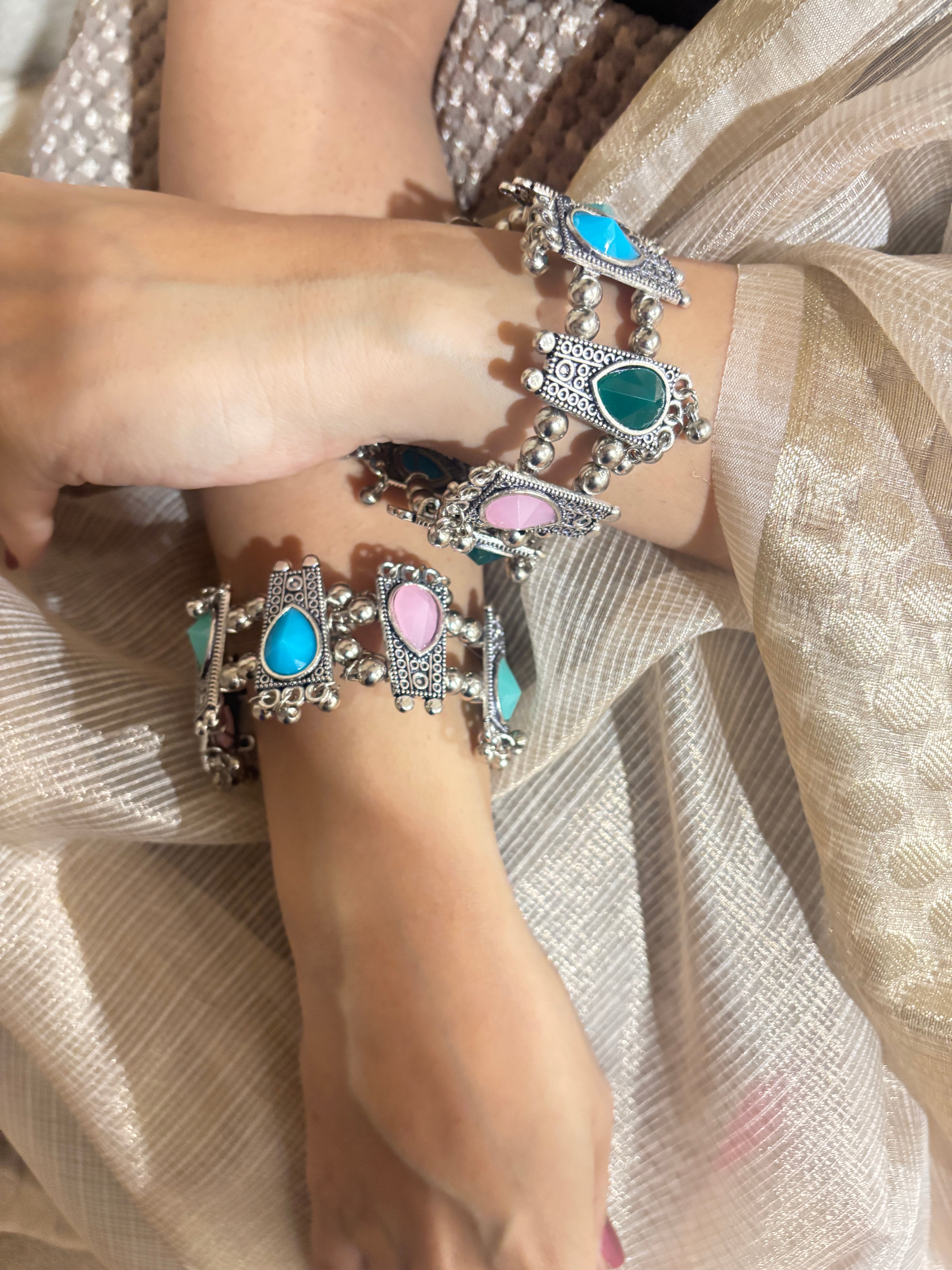 Openable Antique Silver Bangles | Adjustable Tribal Bangles with Color Stones | Boho Ethnic Bracelets | Handmade Jewelry by Karatique
